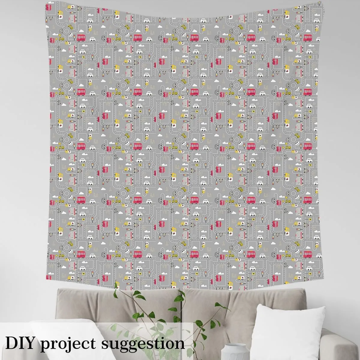 Feelyou Cartoon City Map Fabric by The Yard Kids Car Race Track Print Waterproof Outdoor Fabric Set for Kids Boys Girls Downtown Rural Map Grey Upholstery Fabric for Chairs Car Themed 1 Yard
