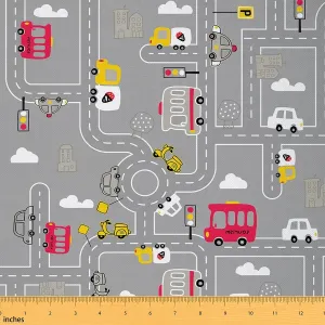Feelyou Cartoon City Map Fabric by The Yard Kids Car Race Track Print Waterproof Outdoor Fabric Set for Kids Boys Girls Downtown Rural Map Grey Upholstery Fabric for Chairs Car Themed 1 Yard