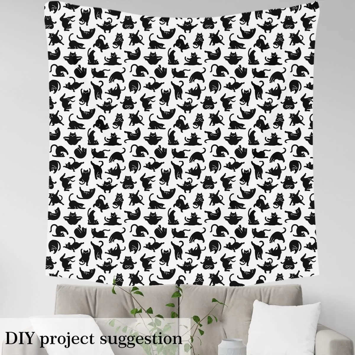 Feelyou Cat Outdoor Fabric by The Yard, Cute Yoga Cats Upholstery Fabric for Chairs, Cartoon Funny Kitten Black Cats Decorative Fabric for Home DIY Projects, 2 Yards, Black White