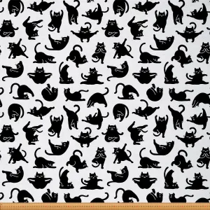 Feelyou Cat Outdoor Fabric by The Yard, Cute Yoga Cats Upholstery Fabric for Chairs, Cartoon Funny Kitten Black Cats Decorative Fabric for Home DIY Projects, 2 Yards, Black White