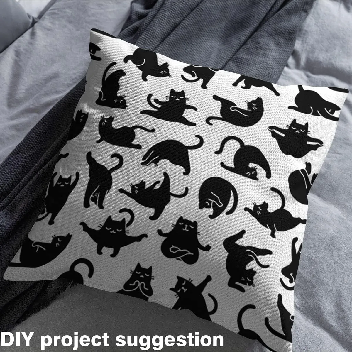 Feelyou Cat Outdoor Fabric by The Yard, Cute Yoga Cats Upholstery Fabric for Chairs, Cartoon Funny Kitten Black Cats Decorative Fabric for Home DIY Projects, 2 Yards, Black White