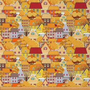 Feelyou City Trees Upholstery Fabric by The Yard, Urban Architecture Reupholstery Fabric for Chairs,Landscape Llustration With Tile Roof Pattern Decorative Waterproof Outdoor Fabric, 1 Yard,Yellow Red