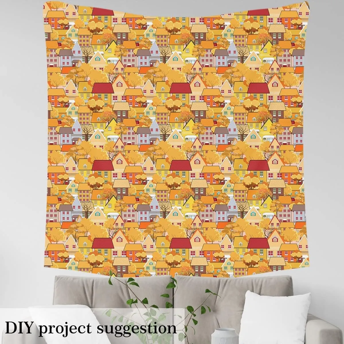 Feelyou City Trees Upholstery Fabric by The Yard, Urban Architecture Reupholstery Fabric for Chairs,Landscape Llustration With Tile Roof Pattern Decorative Waterproof Outdoor Fabric, 1 Yard,Yellow Red