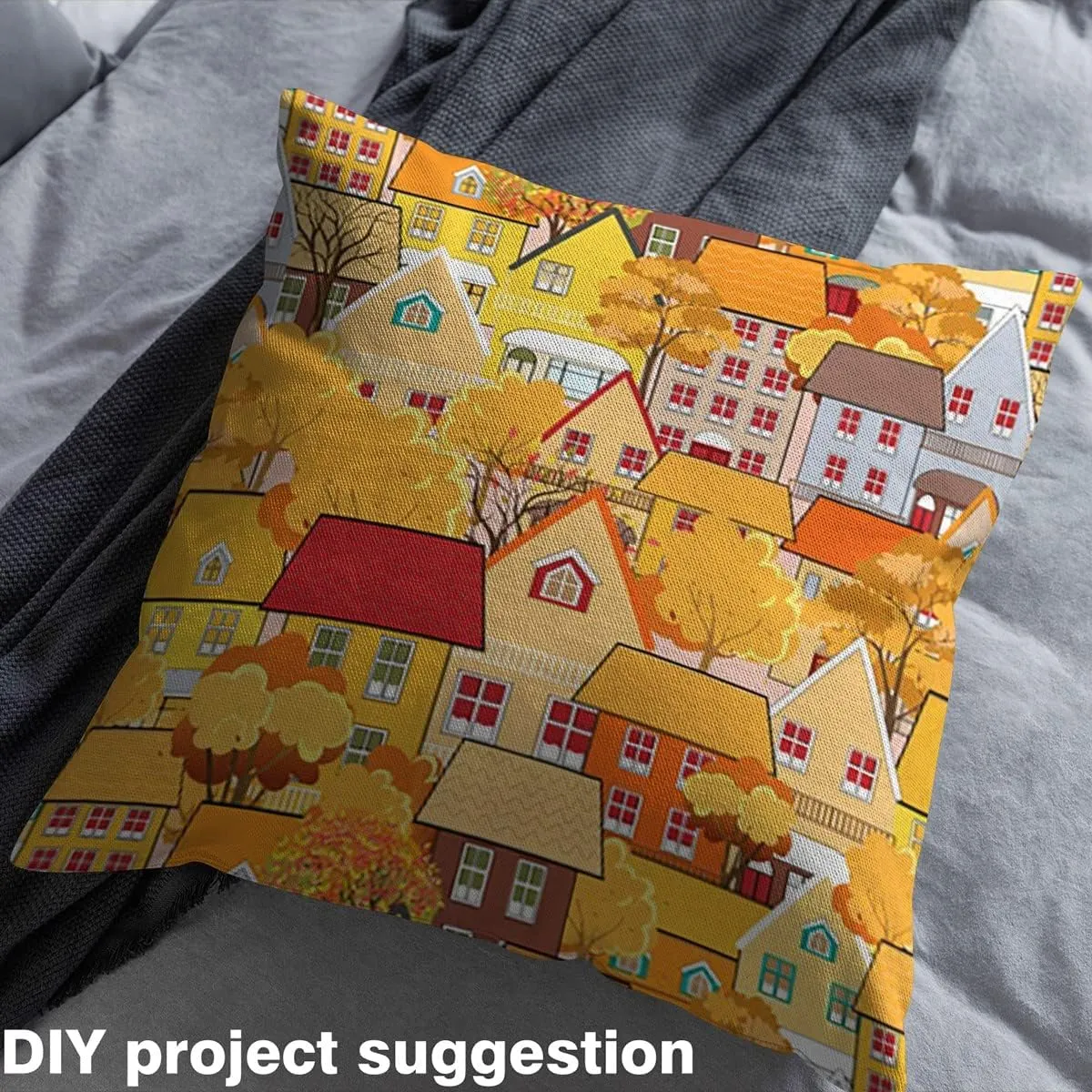 Feelyou City Trees Upholstery Fabric by The Yard, Urban Architecture Reupholstery Fabric for Chairs,Landscape Llustration With Tile Roof Pattern Decorative Waterproof Outdoor Fabric, 1 Yard,Yellow Red