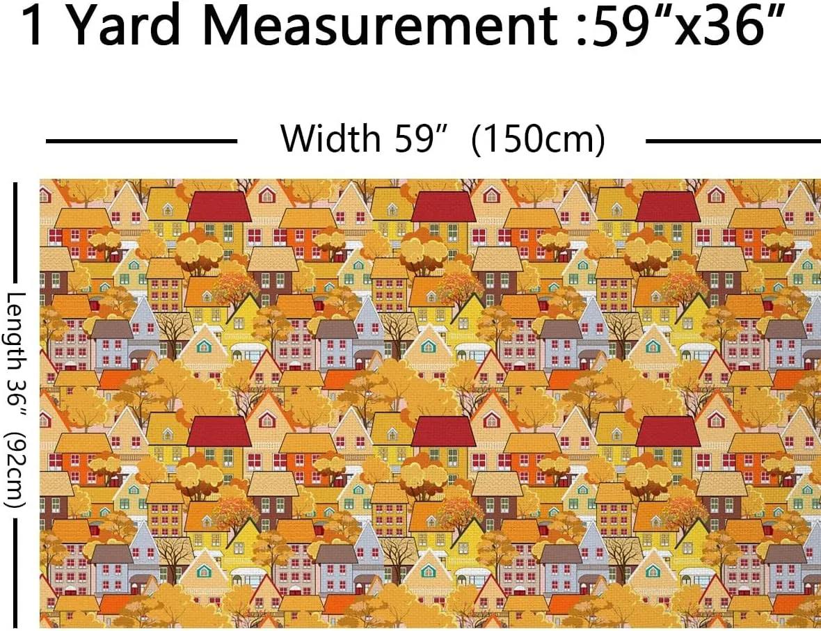 Feelyou City Trees Upholstery Fabric by The Yard, Urban Architecture Reupholstery Fabric for Chairs,Landscape Llustration With Tile Roof Pattern Decorative Waterproof Outdoor Fabric, 1 Yard,Yellow Red