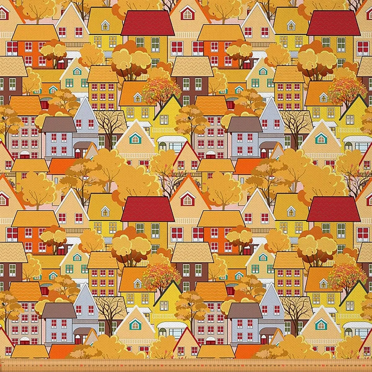 Feelyou City Trees Upholstery Fabric by The Yard, Urban Architecture Reupholstery Fabric for Chairs,Landscape Llustration With Tile Roof Pattern Decorative Waterproof Outdoor Fabric, 1 Yard,Yellow Red