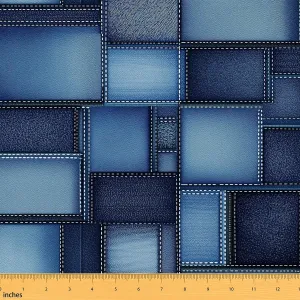 Feelyou Geometric Outdoor Fabric by The Yard, Abstract Denim Art Upholstery Fabric for Chairs, Vintage Blue Rectangle Decorative Fabric for Home DIY Projects, 1 Yard, Blue