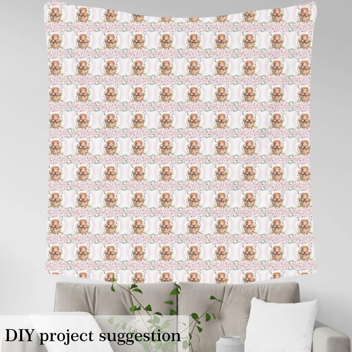 Feelyou Highland Cow Fabric by The Yard Cute Farm Animals Floral Upholstery Fabric for Chairs, Highland Cattle Pink Decorative Waterproof Outdoor Fabric, 2 Yards
