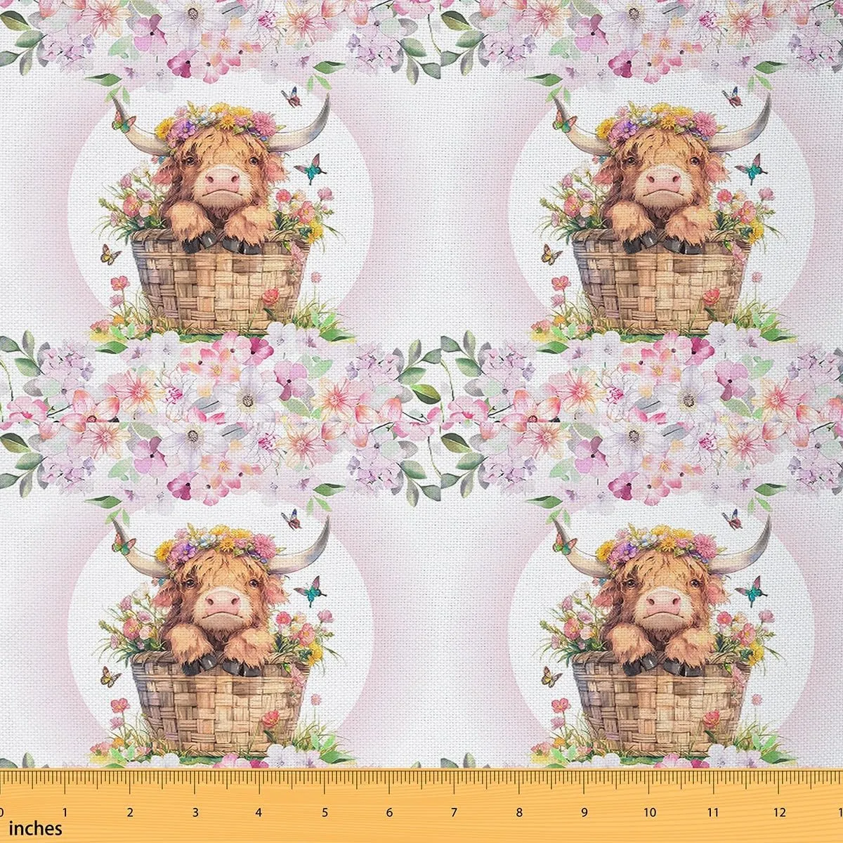 Feelyou Highland Cow Fabric by The Yard Cute Farm Animals Floral Upholstery Fabric for Chairs, Highland Cattle Pink Decorative Waterproof Outdoor Fabric, 2 Yards