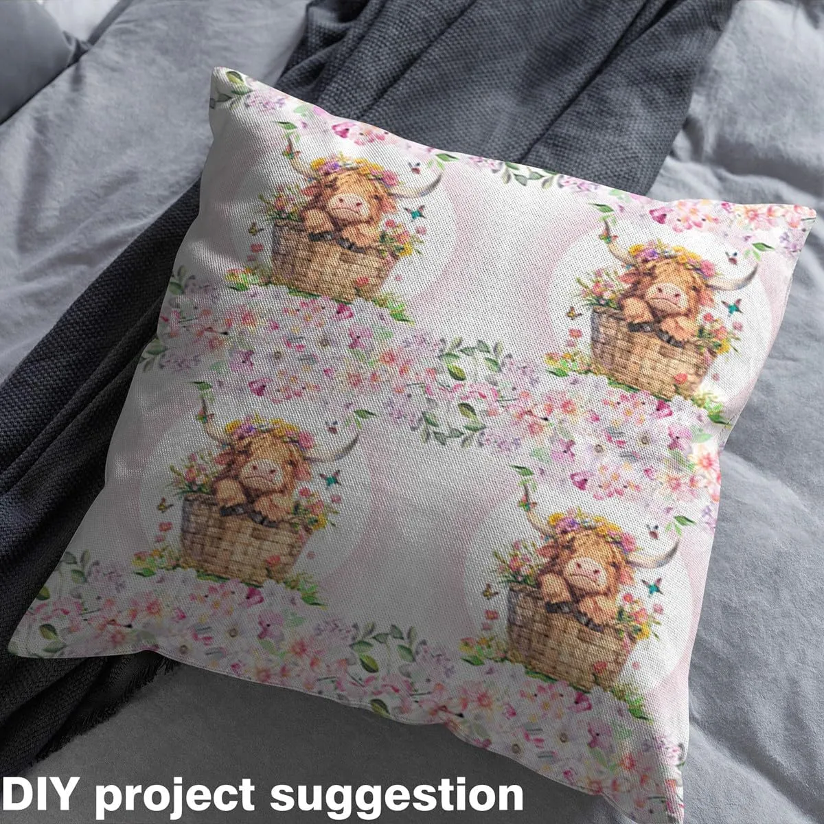 Feelyou Highland Cow Fabric by The Yard Cute Farm Animals Floral Upholstery Fabric for Chairs, Highland Cattle Pink Decorative Waterproof Outdoor Fabric, 2 Yards