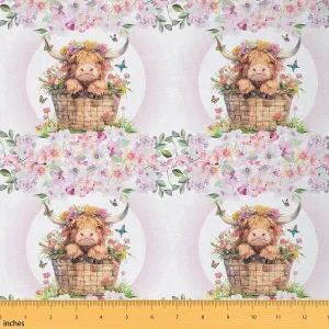 Feelyou Highland Cow Fabric by The Yard Cute Farm Animals Floral Upholstery Fabric for Chairs, Highland Cattle Pink Decorative Waterproof Outdoor Fabric, 2 Yards
