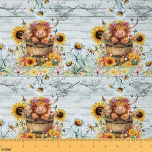 Feelyou Highland Cow Fabric by The Yard Sunflower Cute Farm Animals Upholstery Fabric for Chairs, Vintage Wood Plank Floral Decorative Waterproof Outdoor Fabric, 3 Yards