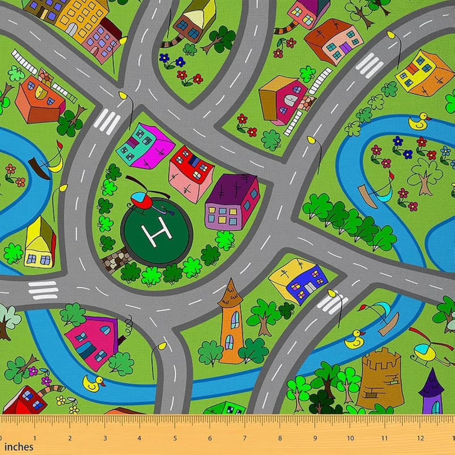 Feelyou Kids' Play Mat Fabric by The Yard, Hand-Drawn Style Suburb Road Upholstery Fabric for Chairs, Car Race Track Cartoon Roadway Decorative Fabric for Home DIY Projects, 10 Yards, Grey Green