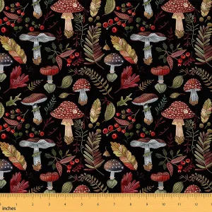 Feelyou Mushroom Decorative Waterproof Outdoor Fabric 3 Yards - Vintage Mushrooms Garden Plants by The Yard - Kawaii Fungus Boho Upholstery for Chairs