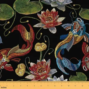Feelyou Oriental Chinese Fabric by The Yard, Classic Embroidery Theme Upholstery Fabric for Chairs and Home DIY Projects, Koi Fish and Water Lily Decorative Waterproof Fabric, 5 Yards