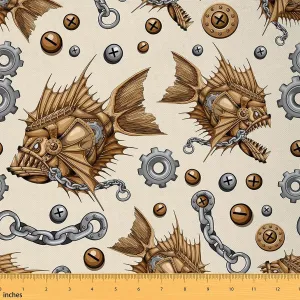 Feelyou Scary Steampunk Fabric by The Yard, Abstract Steampunk Piranha Fish Machine Theme Upholstery Fabric for Chairs and Home DIY Projects, Vintage Decorative Waterproof Fabric, 1 Yard
