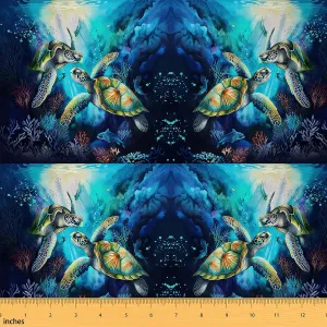 Feelyou Sea Turtle Decorative Waterproof Fabric 1 Yard Ocean by The Yard for Children Sea Creature Underwater World Seaweed Coral Fish Upholstery for Chairs Blue Outdoor Fabric