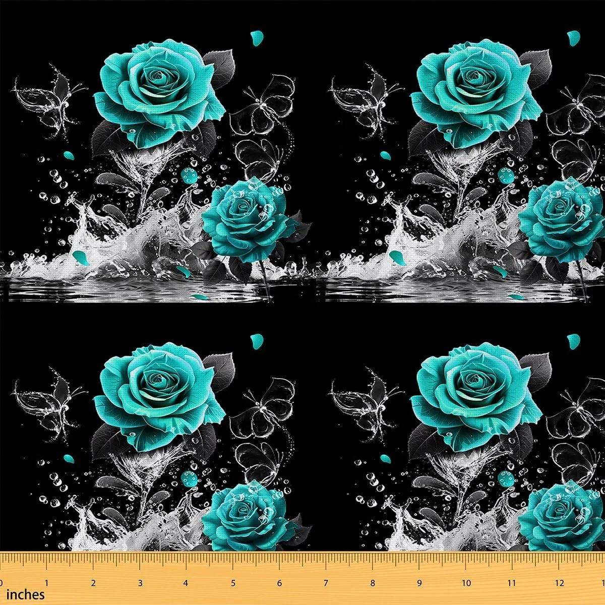Feelyou Teal Rose Fabric by The Yard 3 Yards Romantic Floral Blossom Upholstery Fabric for Chairs Set for Adult Black Teal Decorative Waterproof Outdoor Fabric Reflection on Water
