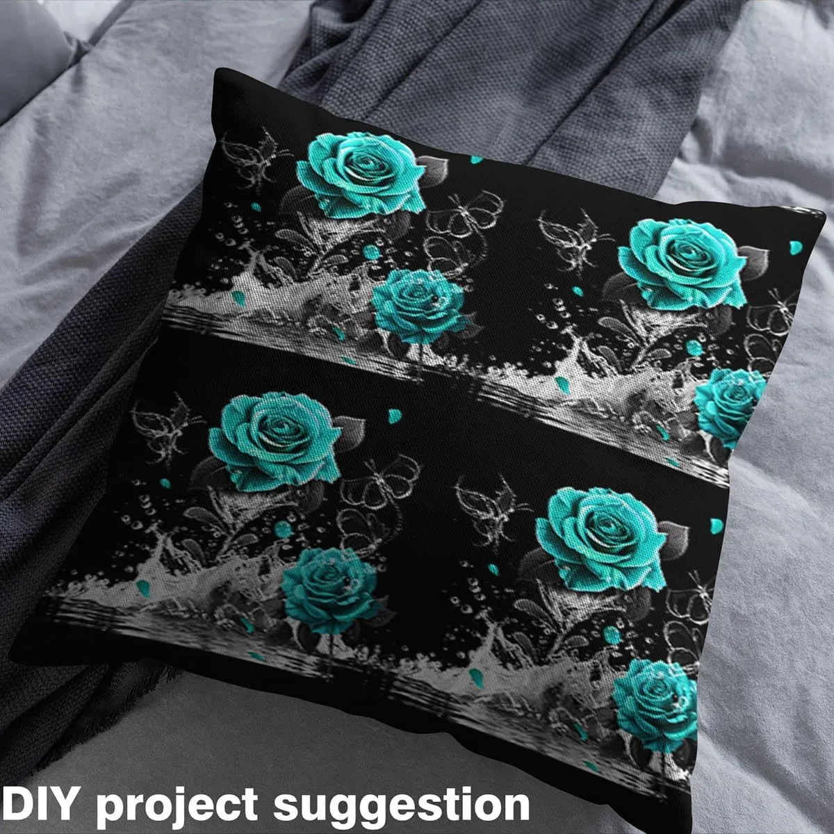 Feelyou Teal Rose Fabric by The Yard 3 Yards Romantic Floral Blossom Upholstery Fabric for Chairs Set for Adult Black Teal Decorative Waterproof Outdoor Fabric Reflection on Water