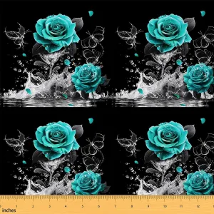 Feelyou Teal Rose Fabric by The Yard 3 Yards Romantic Floral Blossom Upholstery Fabric for Chairs Set for Adult Black Teal Decorative Waterproof Outdoor Fabric Reflection on Water