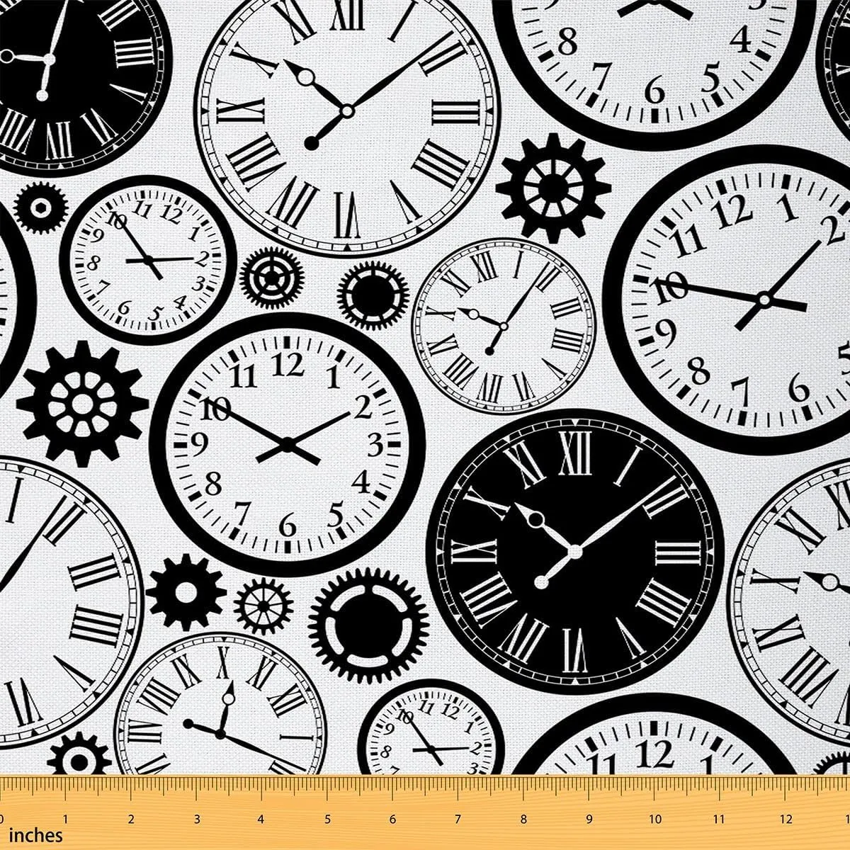 Feelyou Vintage Clock Upholstery Fabric, Clockworks Theme with Gears and Roman Numeral Pattern, Fabric by The Yard for Home DIY Projects, Waterproof, 1 Yard, Black White