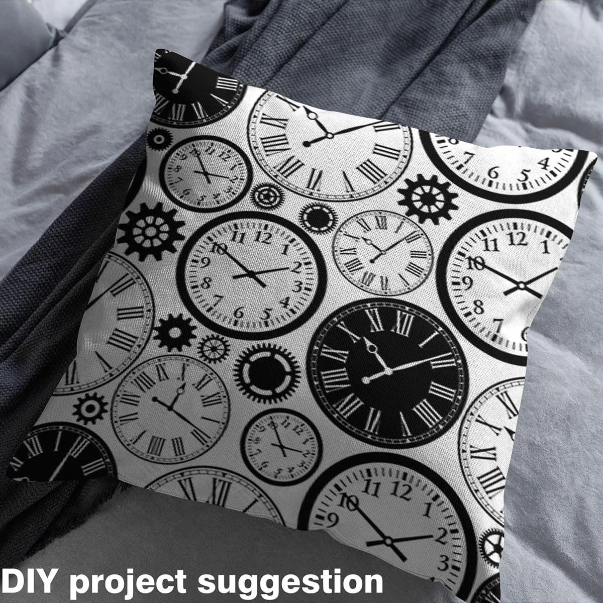 Feelyou Vintage Clock Upholstery Fabric, Clockworks Theme with Gears and Roman Numeral Pattern, Fabric by The Yard for Home DIY Projects, Waterproof, 1 Yard, Black White