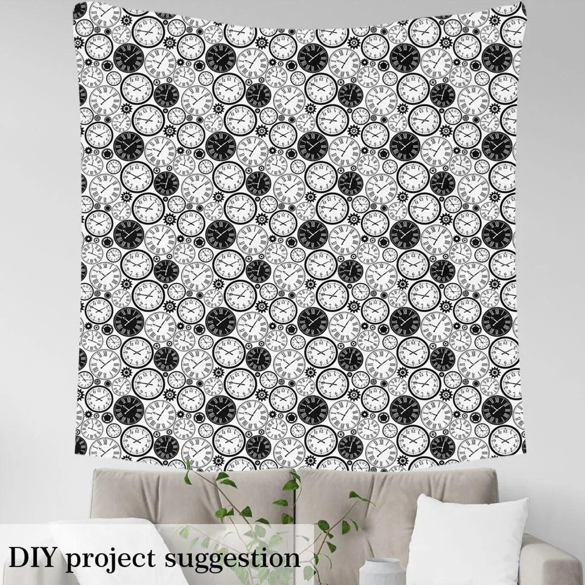 Feelyou Vintage Clock Upholstery Fabric, Clockworks Theme with Gears and Roman Numeral Pattern, Fabric by The Yard for Home DIY Projects, Waterproof, 1 Yard, Black White