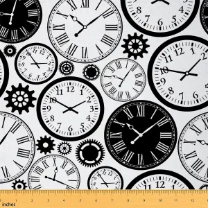 Feelyou Vintage Clock Upholstery Fabric, Clockworks Theme with Gears and Roman Numeral Pattern, Fabric by The Yard for Home DIY Projects, Waterproof, 1 Yard, Black White