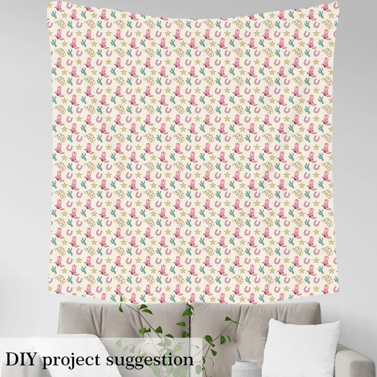Feelyou Western Upholstery Fabric for Chairs 2 Yards Wild Cowboy Fabric by The Yard Decor Boots Hat Horseshoe Cactus Decorative Waterproof Outdoor Fabric Pink