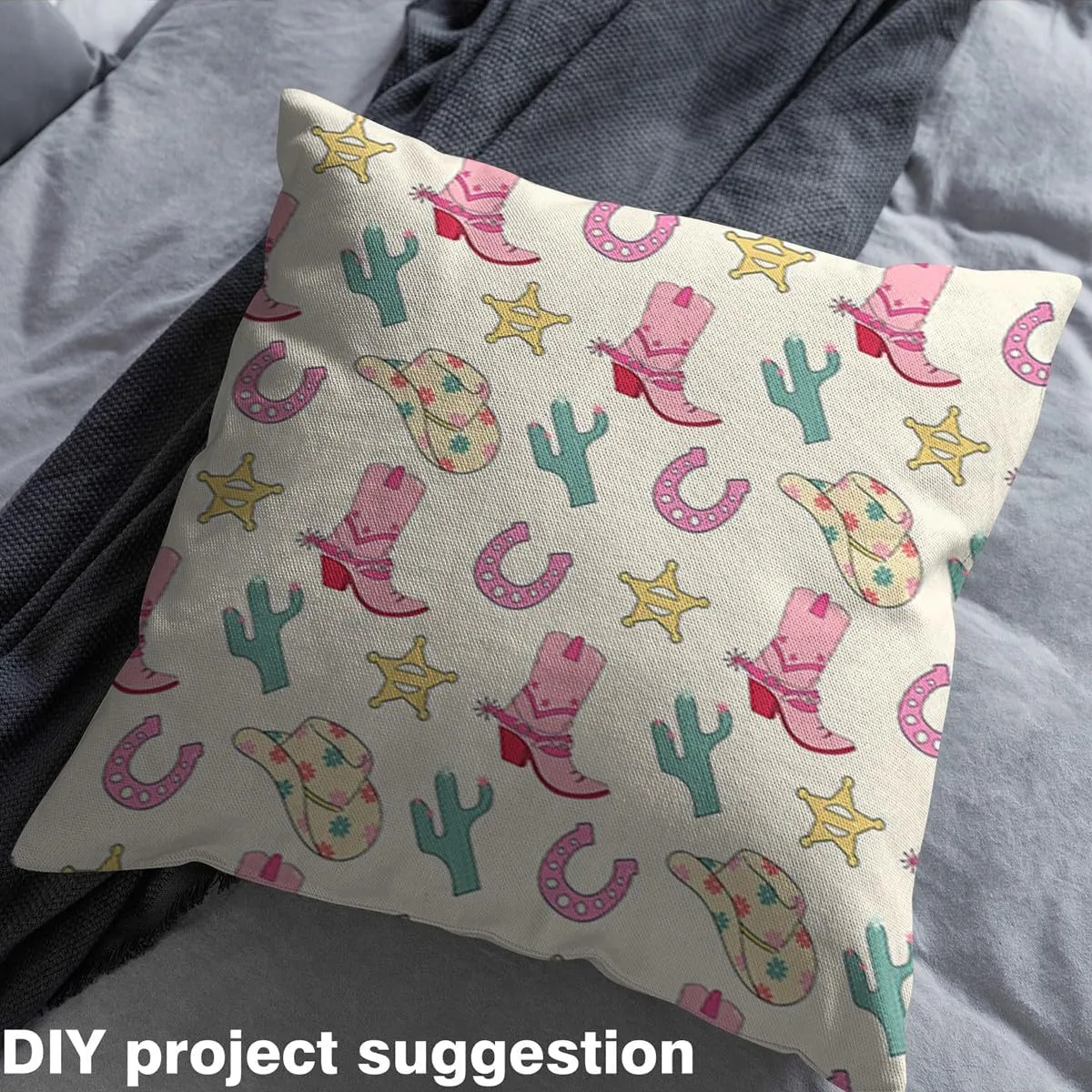 Feelyou Western Upholstery Fabric for Chairs 2 Yards Wild Cowboy Fabric by The Yard Decor Boots Hat Horseshoe Cactus Decorative Waterproof Outdoor Fabric Pink