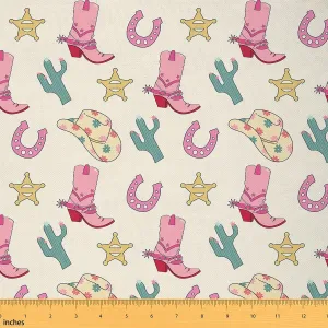 Feelyou Western Upholstery Fabric for Chairs 2 Yards Wild Cowboy Fabric by The Yard Decor Boots Hat Horseshoe Cactus Decorative Waterproof Outdoor Fabric Pink