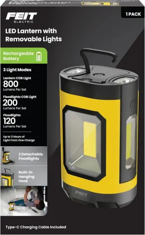 Feit Electric LANRFL1000 LED Lantern, 1000 Lumens, 5000K Daylight, Rechargeable with USB-C, Detachable Side Lights with Flashlights, Compact and Portable for Worksites, Campsites & Emergency Lighting