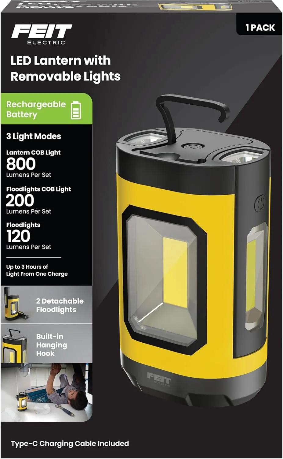 Feit Electric LANRFL1000 LED Lantern, 1000 Lumens, 5000K Daylight, Rechargeable with USB-C, Detachable Side Lights with Flashlights, Compact and Portable for Worksites, Campsites & Emergency Lighting