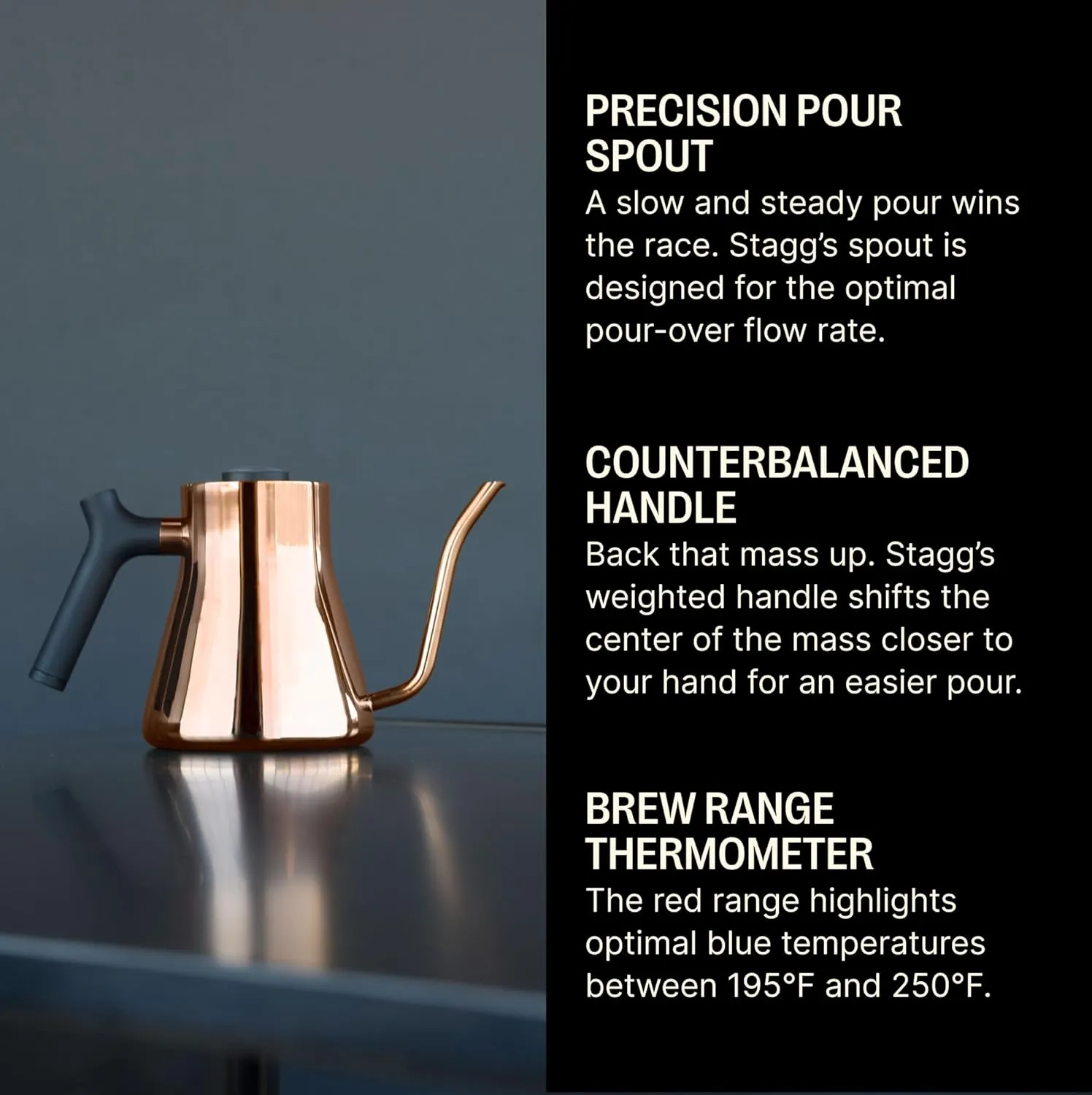 Fellow Stagg Stovetop Pour-Over Coffee and Tea Kettle - Gooseneck Teapot with Precision Pour Spout, Built-In Brew Range Thermometer, Copper, 1 Liter