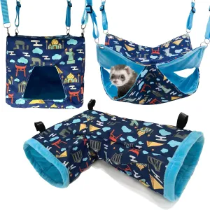 Ferret Hammock Set for cage Cage Accessories 3 Style, Ferret Toy Double Hammock or Square House and Tunnel Bed for Guinea Pig(Blue)