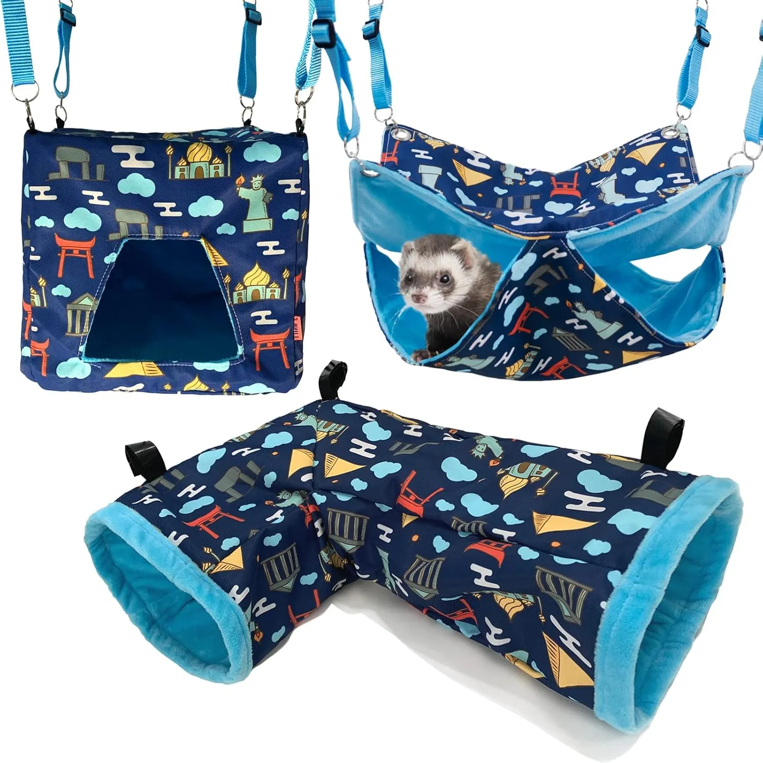 Ferret Hammock Set for cage Cage Accessories 3 Style, Ferret Toy Double Hammock or Square House and Tunnel Bed for Guinea Pig(Blue)