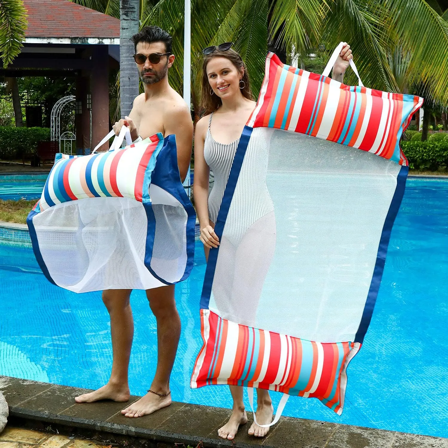 FindUWill Fabric Pool Hammock Floats, XL, 2Pack Inflatable Multi Purpose Water Hammocks Floaties (Saddle, Lounge Chair, Hammock, Drifter), Pool Float Lounger for Adults