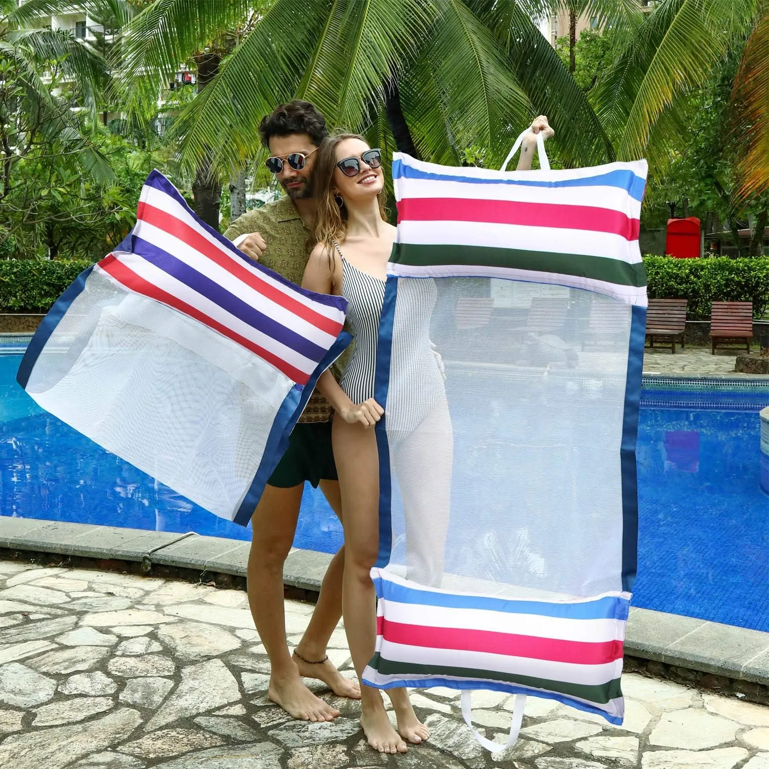 FindUWill Fabric Pool Hammock Floats, XL, 2Pack Inflatable Water Hammocks Floaties 4-in-1 (Saddle, Lounge Chair, Hammock, Drifter), Pool Float Lounger for Adults