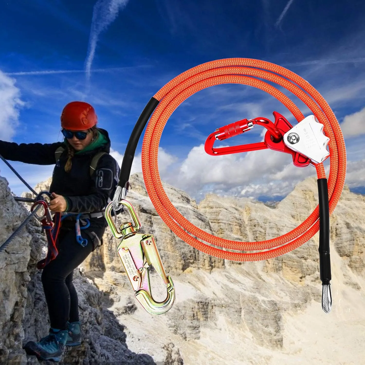 Flip Line, Wire Core Flipline 1/2" X 16', Wire Core Flip Line Kit with Triple Lock Carabiner Adjuster, Steel Swivel Snap, Climbing Flipline for Fall Protection, Arborist, Tree Climbers
