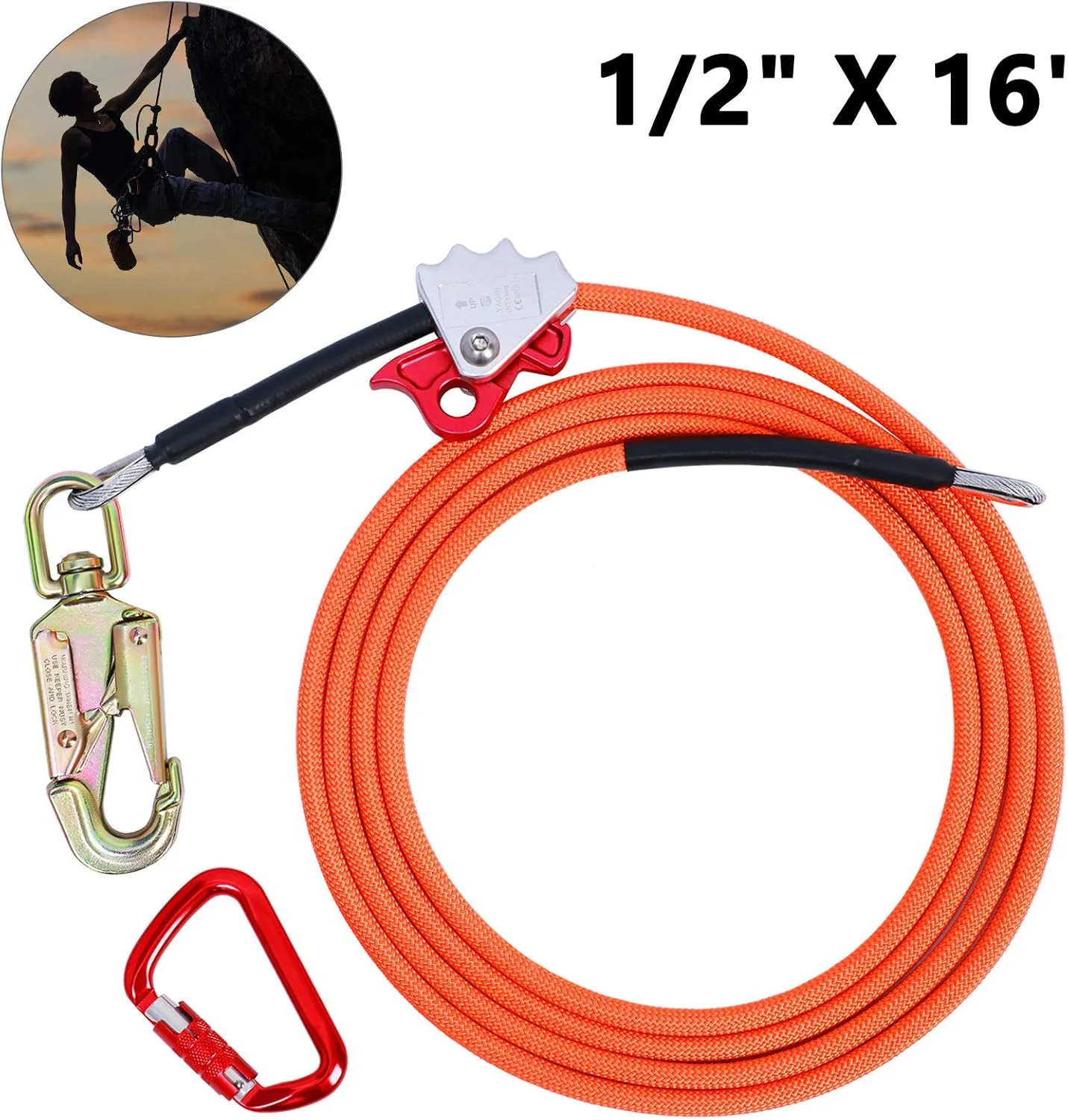 Flip Line, Wire Core Flipline 1/2" X 16', Wire Core Flip Line Kit with Triple Lock Carabiner Adjuster, Steel Swivel Snap, Climbing Flipline for Fall Protection, Arborist, Tree Climbers