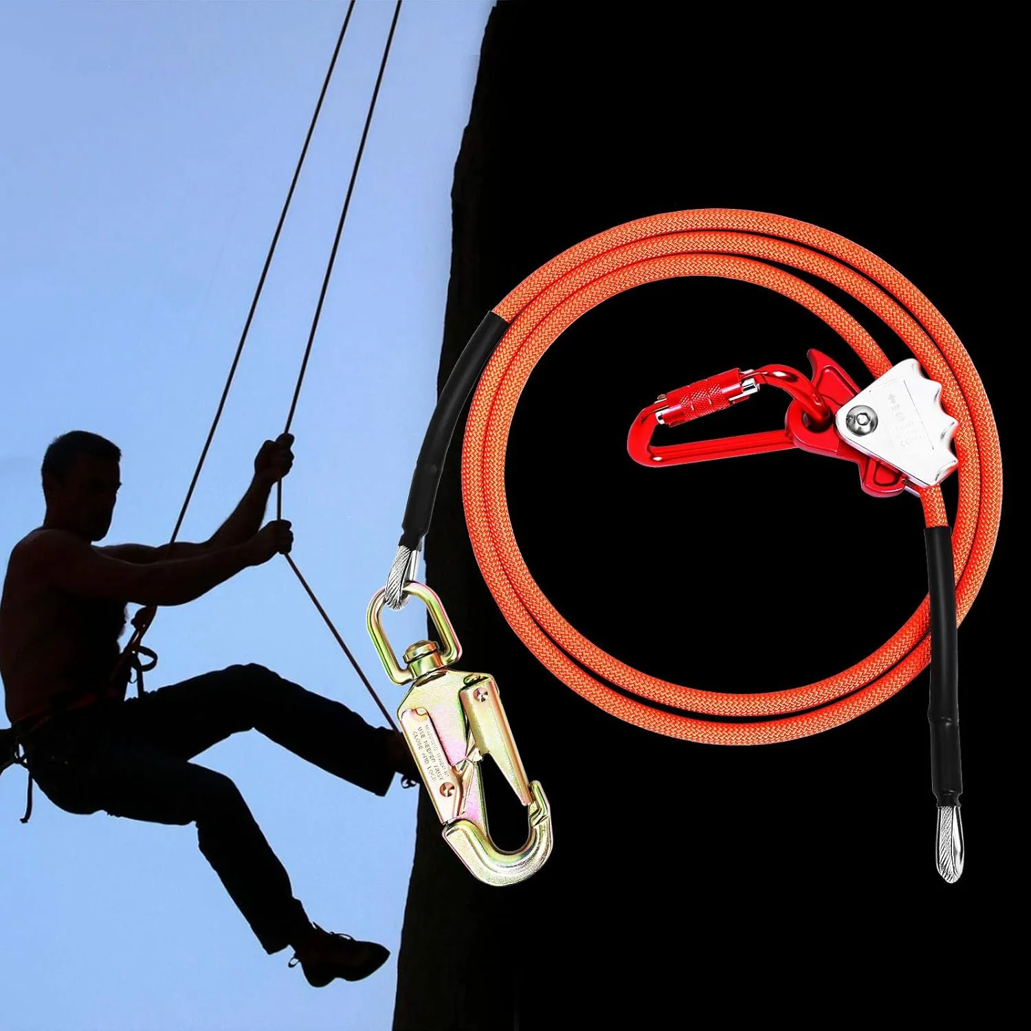 Flip Line, Wire Core Flipline 1/2" X 16', Wire Core Flip Line Kit with Triple Lock Carabiner Adjuster, Steel Swivel Snap, Climbing Flipline for Fall Protection, Arborist, Tree Climbers