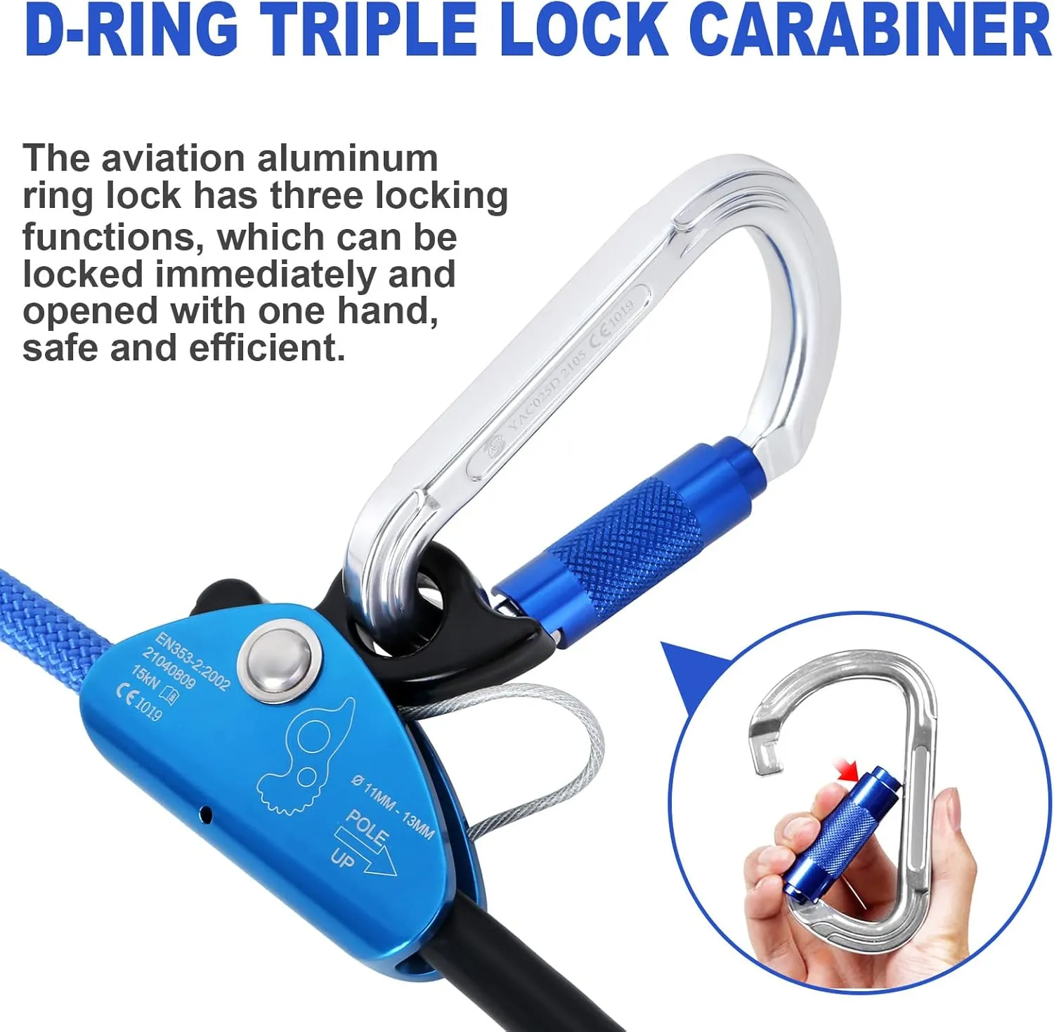 Flip Line, Wire Core Flipline 1/2" X 8', Wire Core Flip Line Kit with Triple Lock Carabiner Adjuster, Steel Swivel Snap, Climbing Flipline for Fall Protection, Arborist, Tree Climbers, Blue