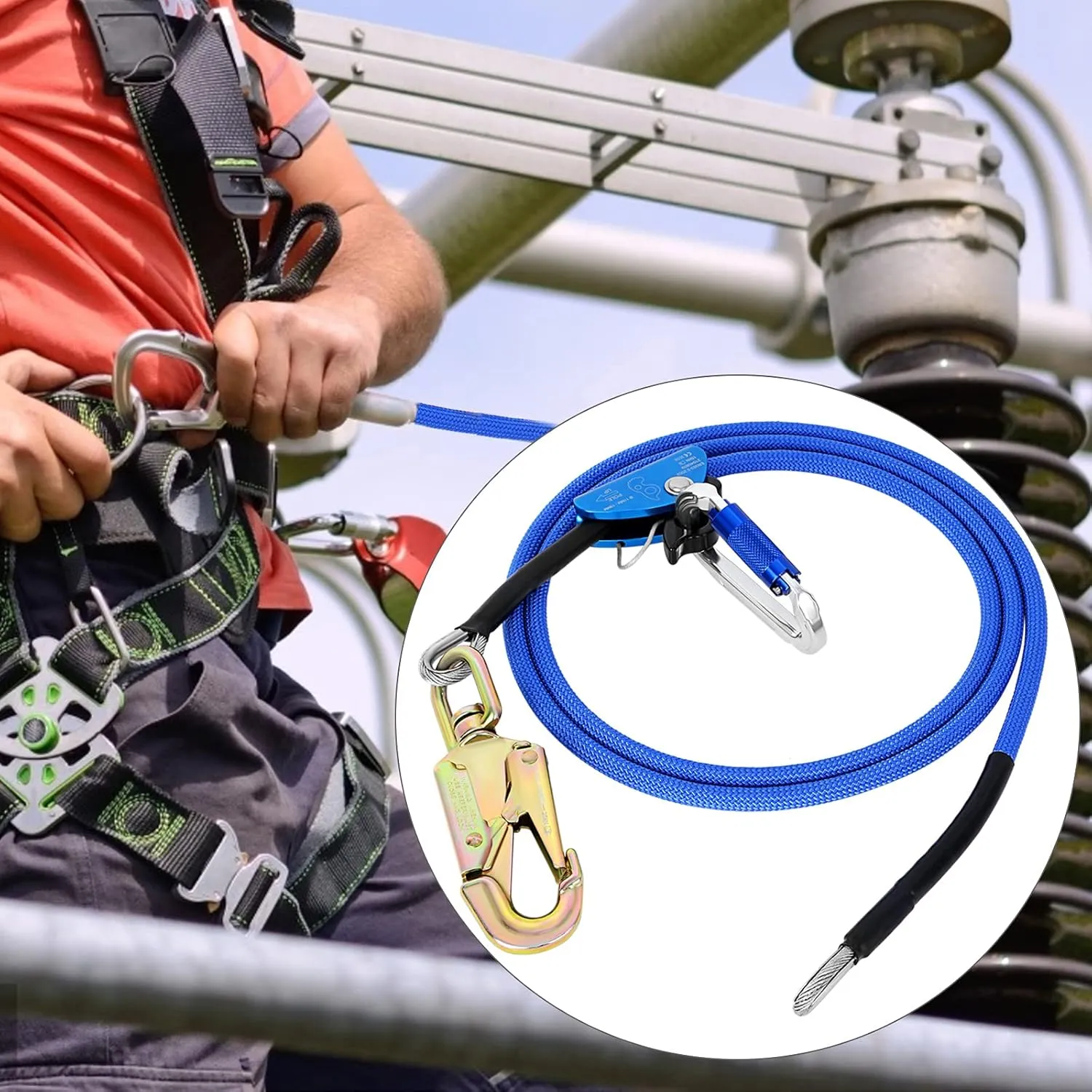 Flip Line, Wire Core Flipline 1/2" X 8', Wire Core Flip Line Kit with Triple Lock Carabiner Adjuster, Steel Swivel Snap, Climbing Flipline for Fall Protection, Arborist, Tree Climbers, Blue