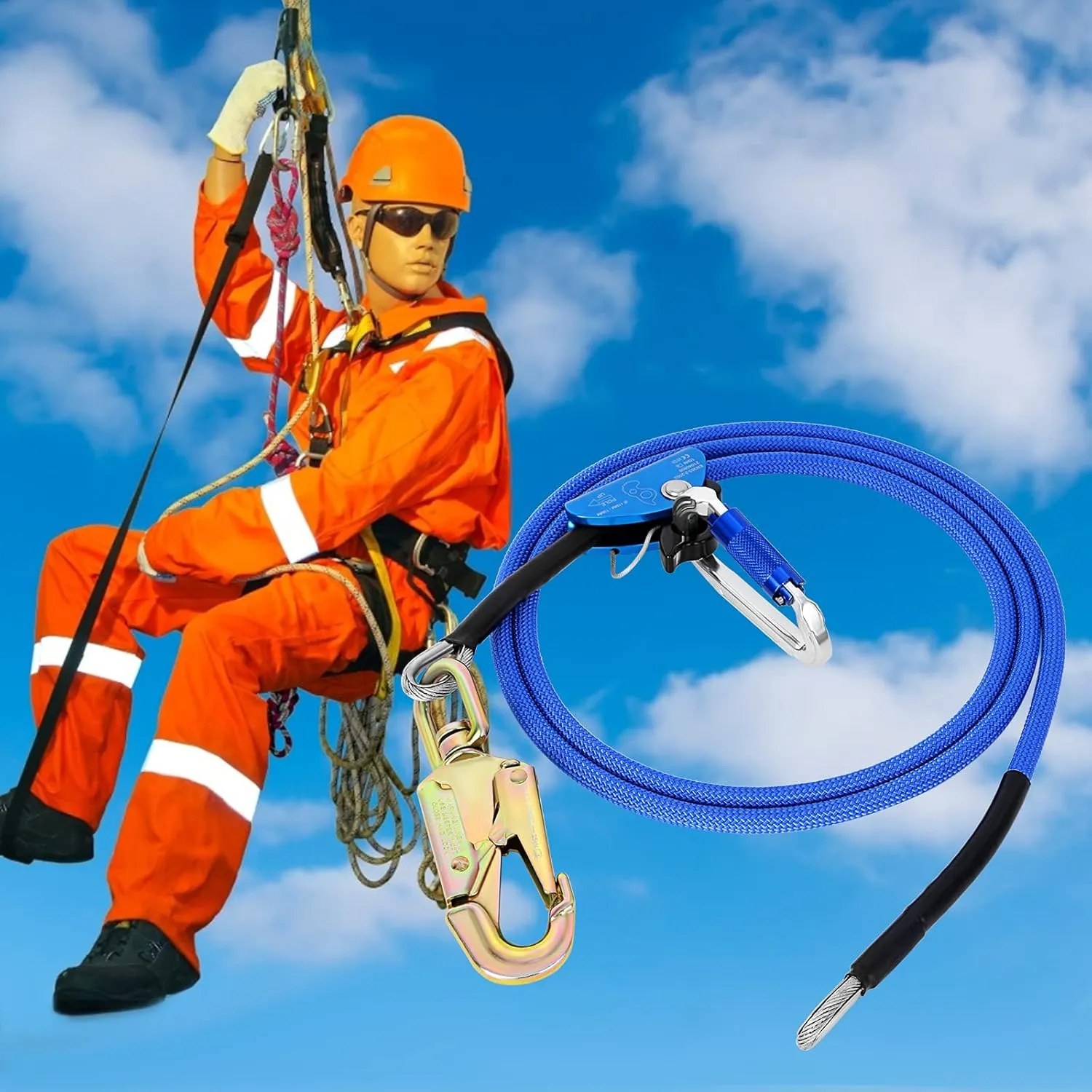 Flip Line, Wire Core Flipline 1/2" X 8', Wire Core Flip Line Kit with Triple Lock Carabiner Adjuster, Steel Swivel Snap, Climbing Flipline for Fall Protection, Arborist, Tree Climbers, Blue