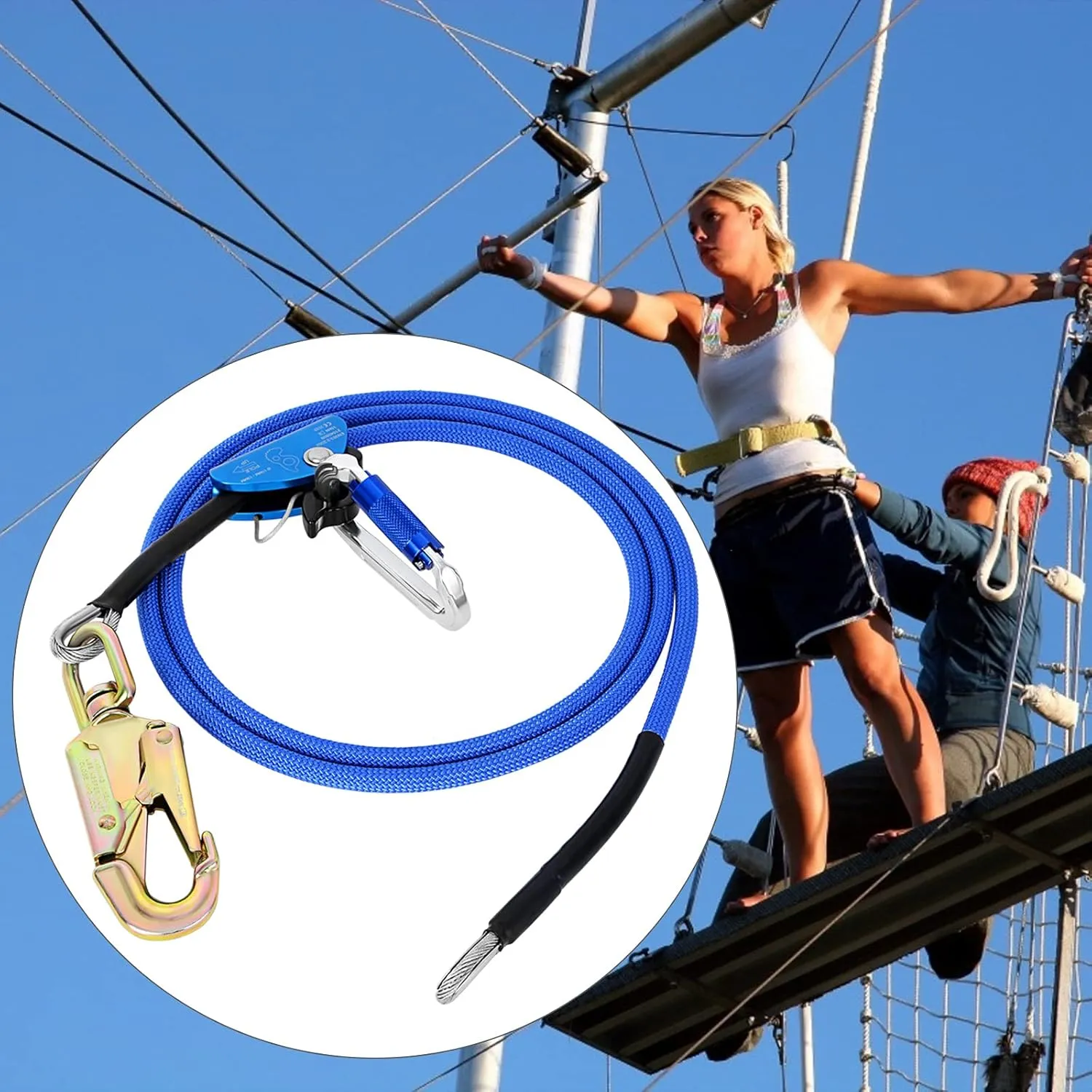 Flip Line, Wire Core Flipline 1/2" X 8', Wire Core Flip Line Kit with Triple Lock Carabiner Adjuster, Steel Swivel Snap, Climbing Flipline for Fall Protection, Arborist, Tree Climbers, Blue