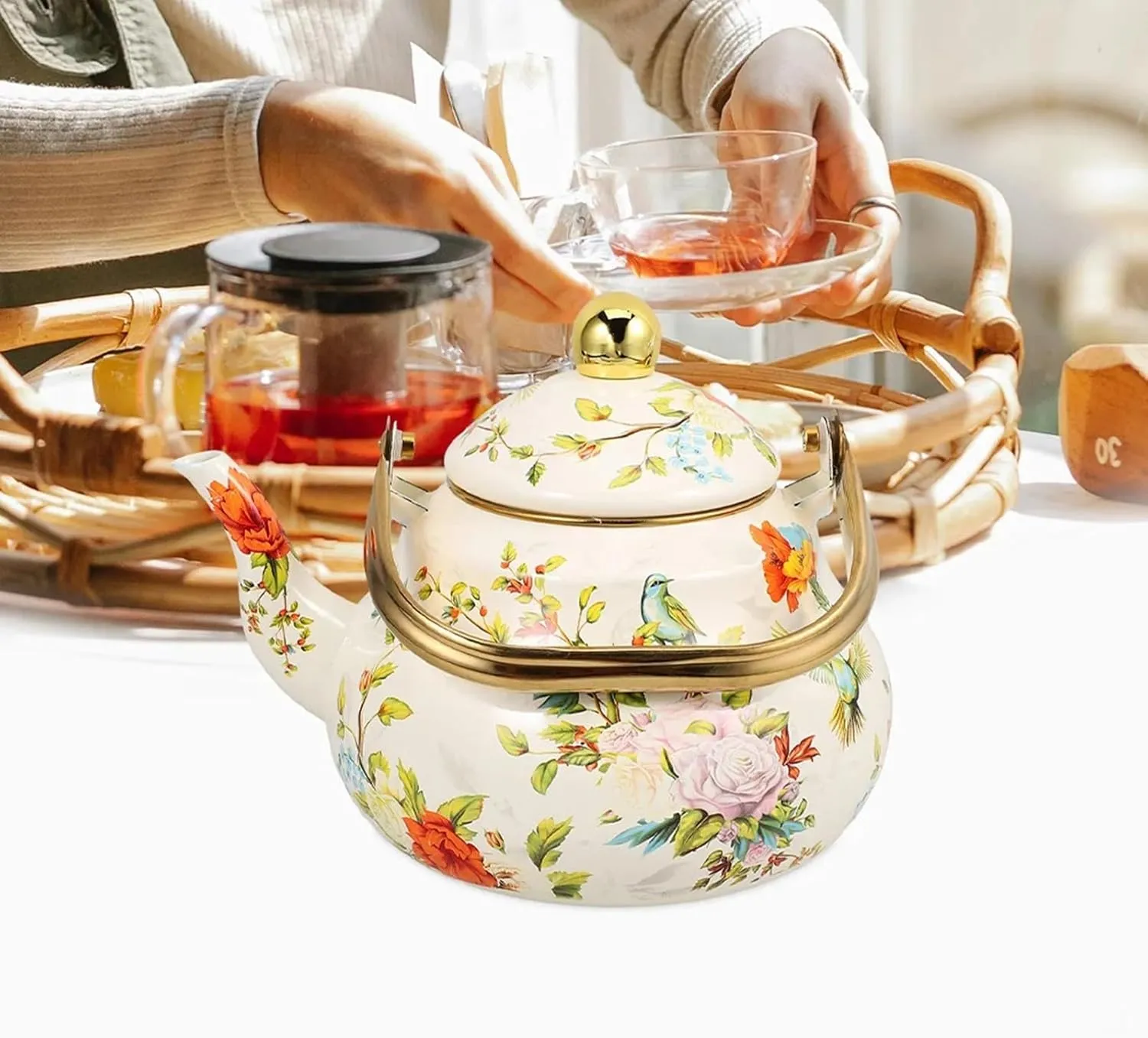 Floral Enamel Camping Water Kettle, Durable Outdoor Pot for Boiling on Campfire & Gas Stove(2.5L)