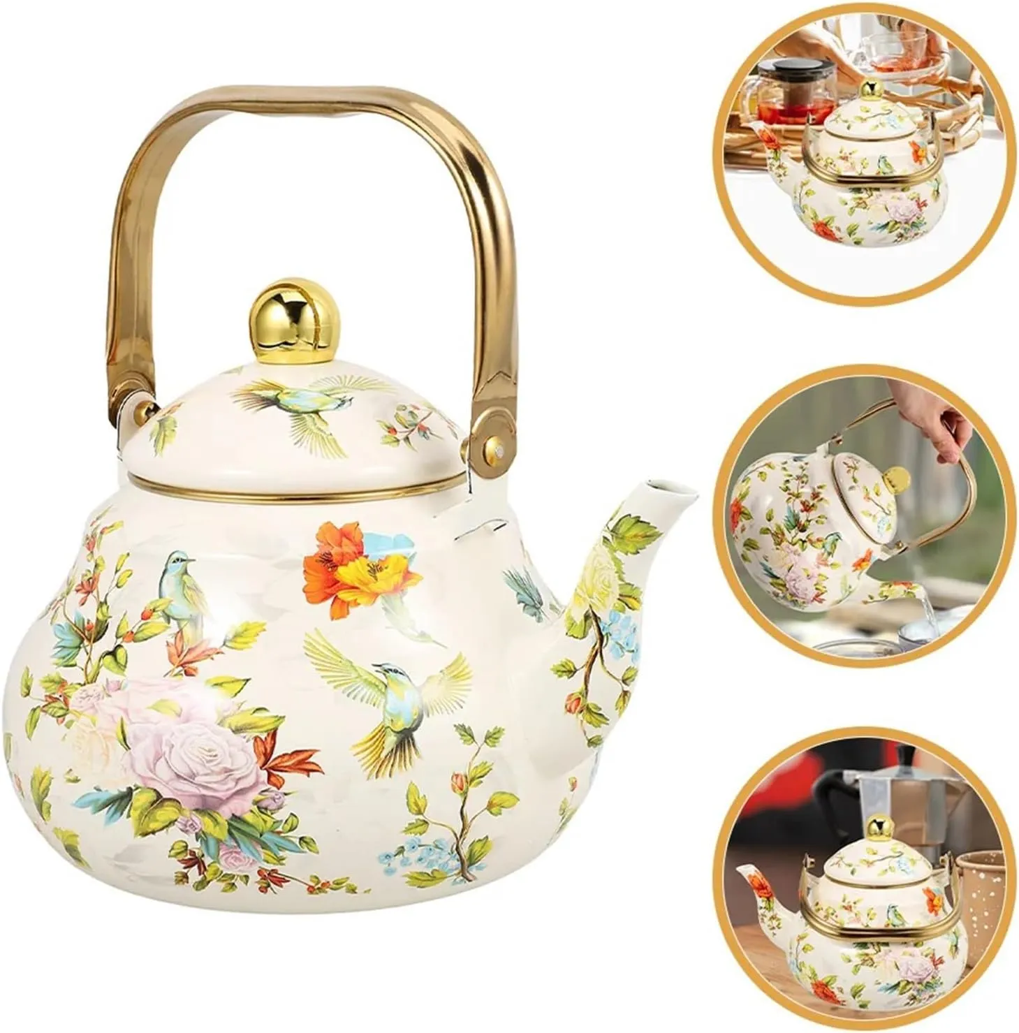 Floral Enamel Camping Water Kettle, Durable Outdoor Pot for Boiling on Campfire & Gas Stove(2.5L)