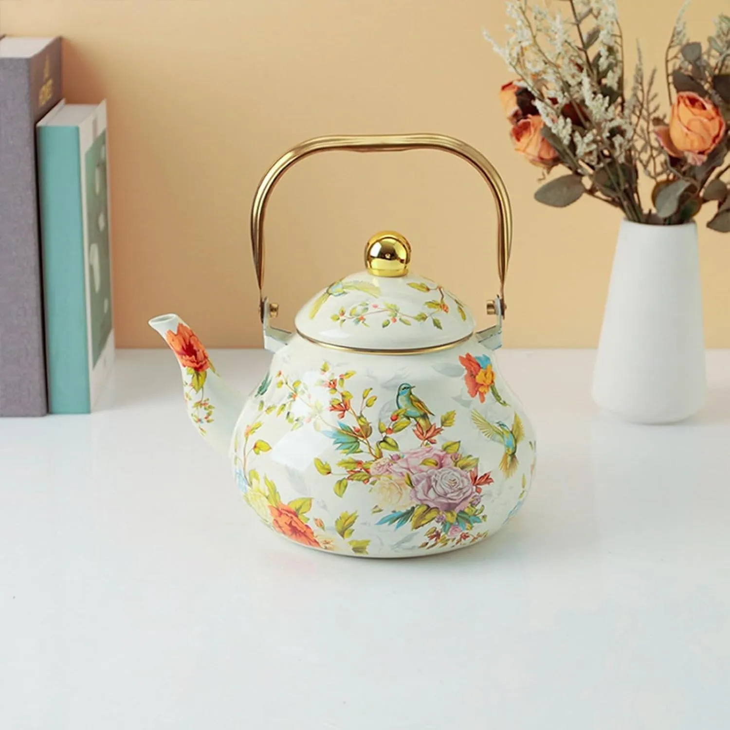 Floral Enamel Camping Water Kettle, Durable Outdoor Pot for Boiling on Campfire & Gas Stove(2.5L)