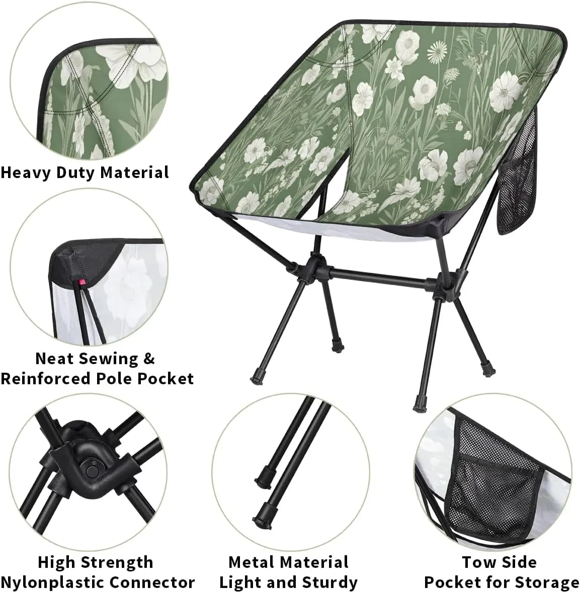 Flowers Leaf Green Folding Camping Chair Lightweight Camping Chairs for Adults Portable Outdoor Camp Chair Supports 176 Lbs