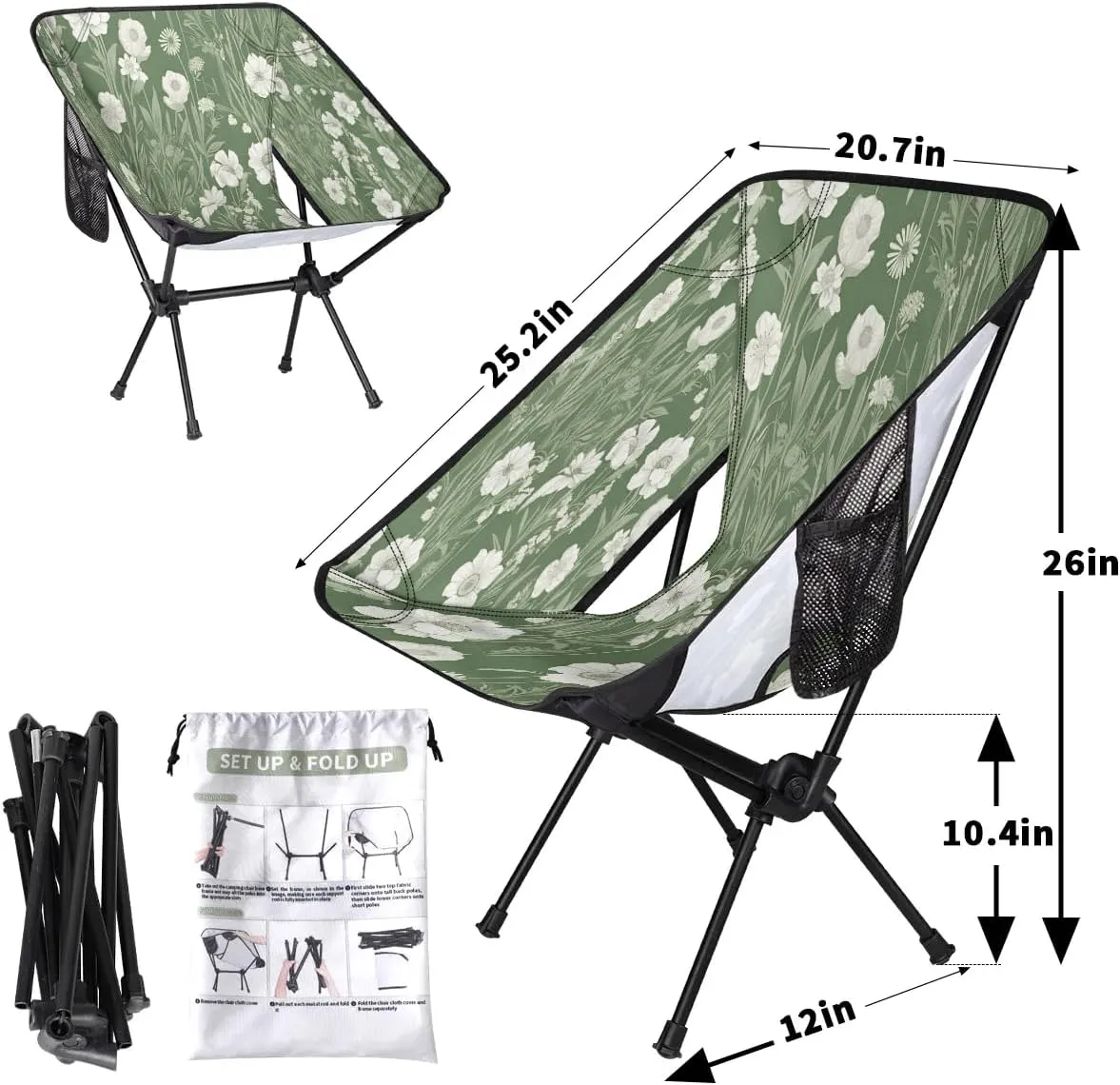 Flowers Leaf Green Folding Camping Chair Lightweight Camping Chairs for Adults Portable Outdoor Camp Chair Supports 176 Lbs